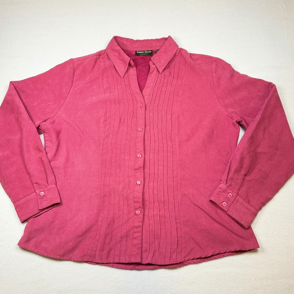 Lemon Grass Studio Pink Faux Suede Pintuck Button Down Shirt XL Long Sleeve